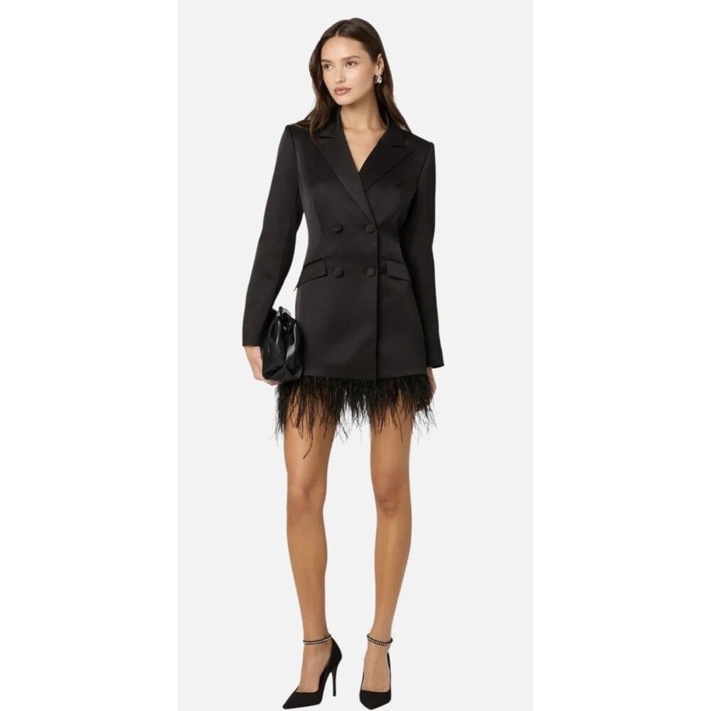 ASTR Breonna Feather trim Black Satin Blazer Dress SIze L Short